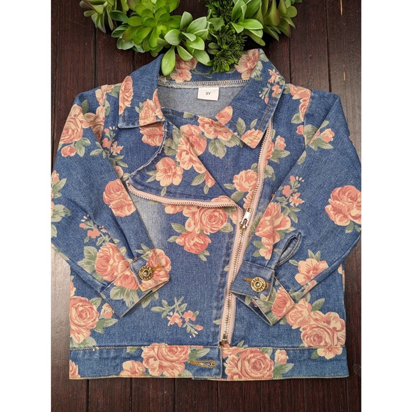 Retro 90's Pink Floral Zip Front Jean Denim Jacket Little Girls Kids Size 3T Blu - Picture 3 of 3